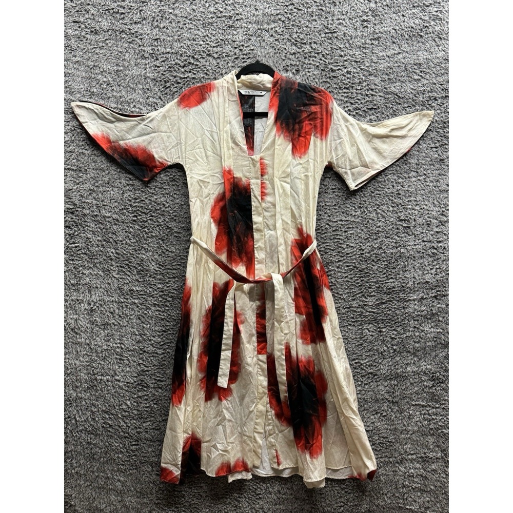 Zara Red & Black Tie Dye Print Wrap Midi Dress Belted Short Sleeve Women's XS